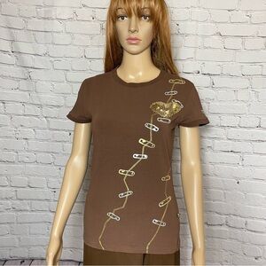 Vintage Akademiks Brown Short Sleeve Cotton Sequins Pin Print T-Shirt Size L